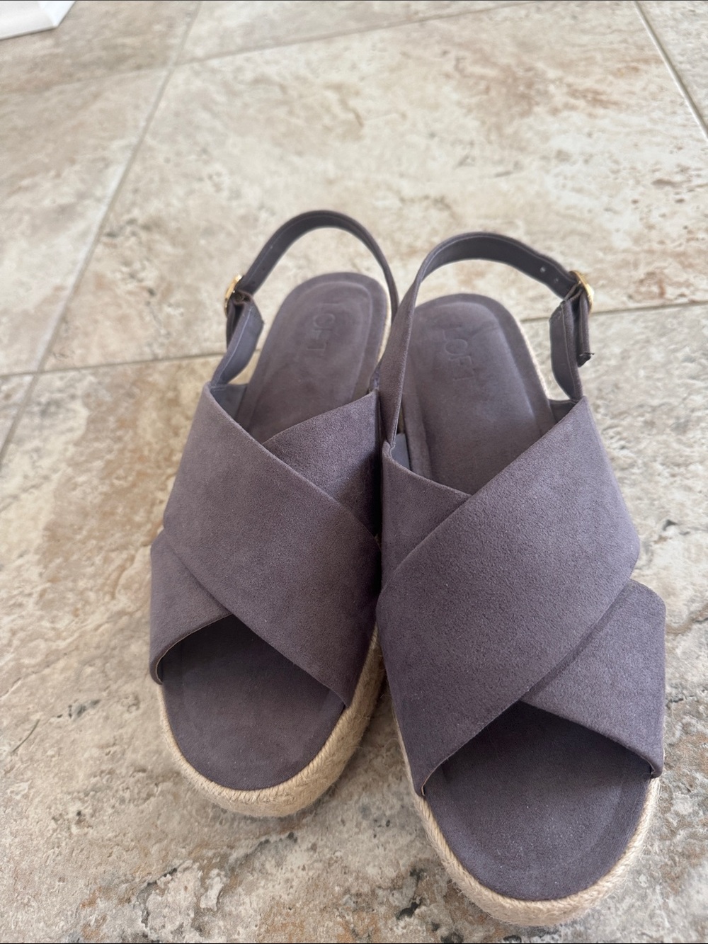 LOFT Grey Suede Crisscross Espadrille Wedge Sandals